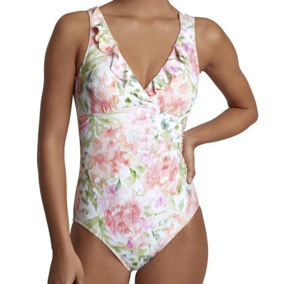 New LAUREN RALPH LAUREN Women 12 Ruffle One Piece Swimsuit Pastel Watercolor - Picture 1 of 16